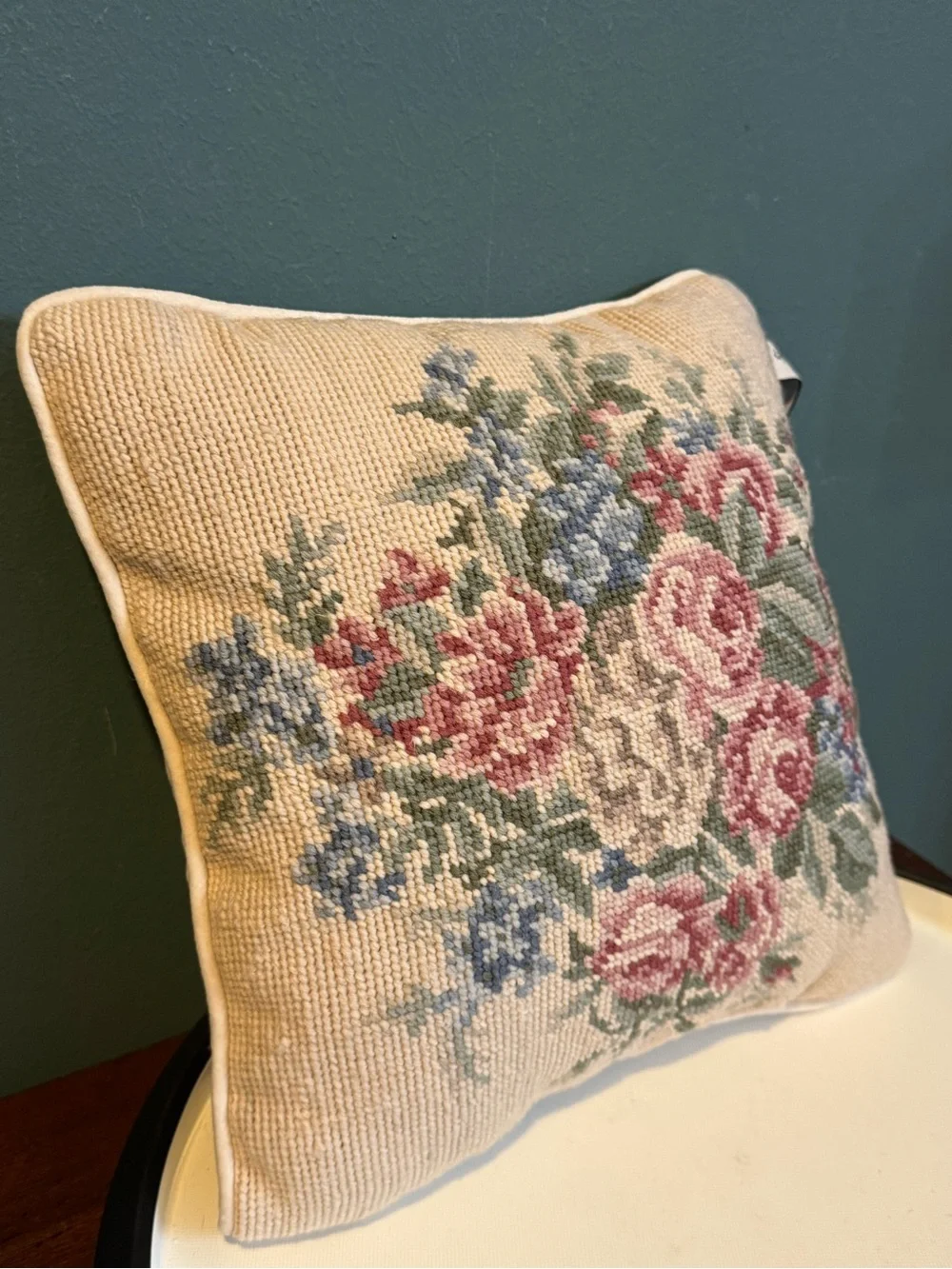 Laura Ashley Lifestyles Floral Needlepoint Pillow 11” Square Floral Ivory Velvet